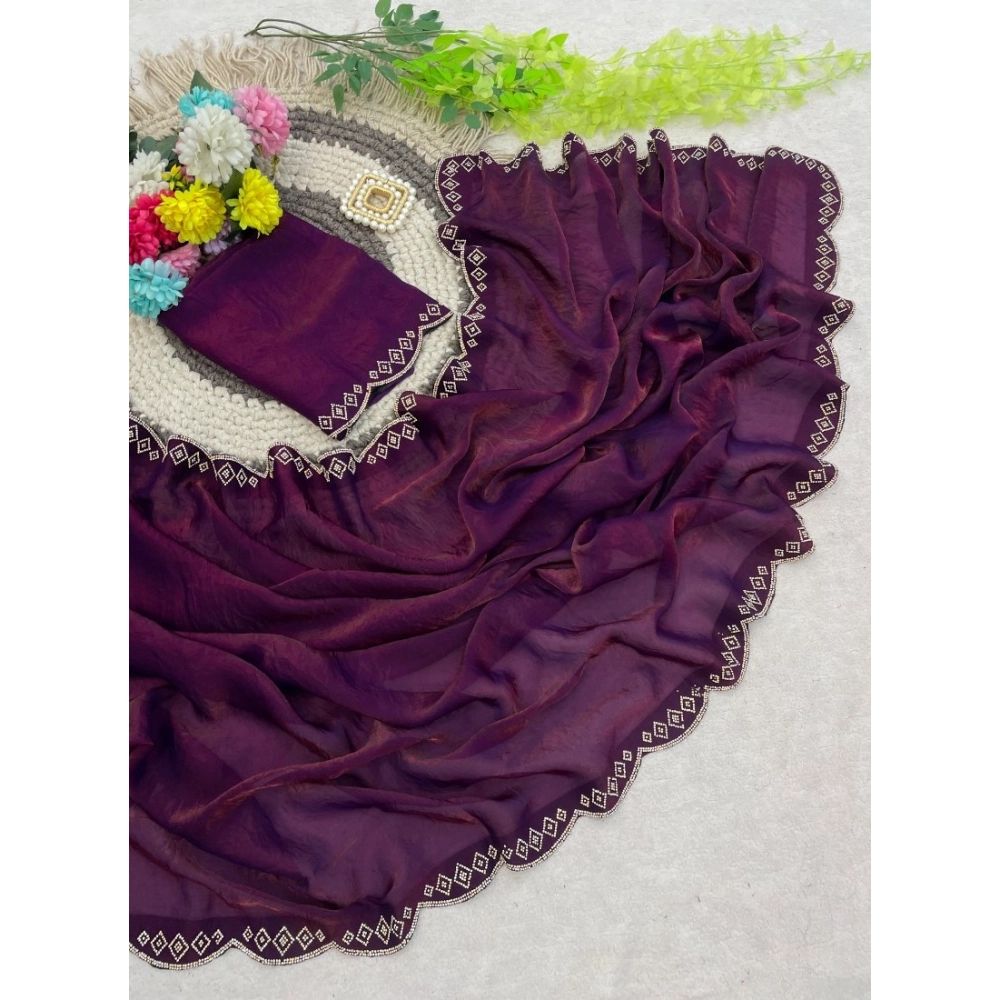 Women's Satin Embellished Saree With Unstitched Blouse 5.5Mtr (Wine) - Image 4