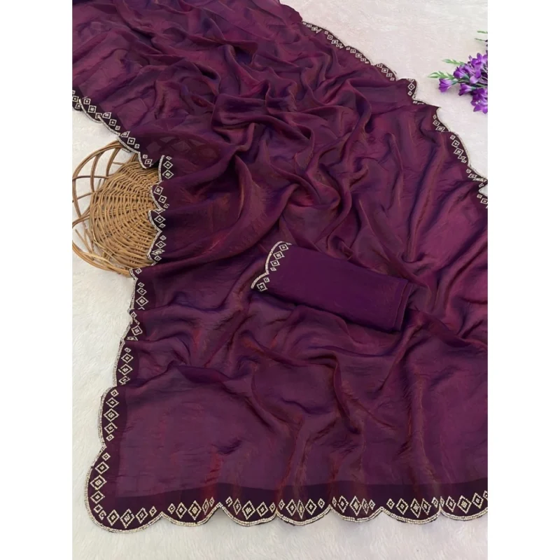 Women's Satin Embellished Saree With Unstitched Blouse 5.5Mtr (Wine) - Image 5