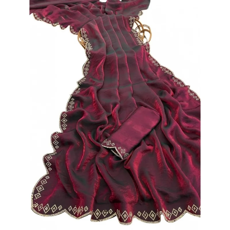 Women's Satin Embellished Saree With Unstitched Blouse 5.5Mtr (Burgundy) - Image 2