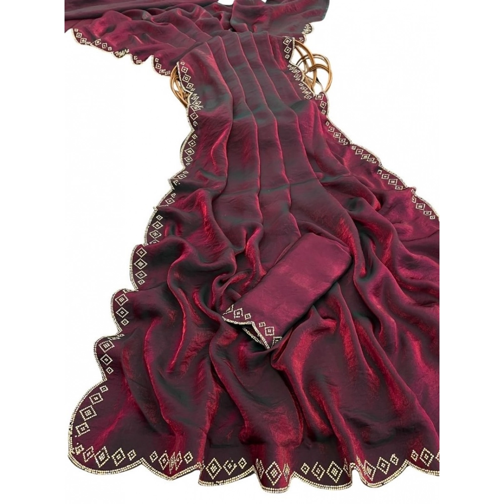 Women's Satin Embellished Saree With Unstitched Blouse 5.5Mtr (Burgundy) - Image 2