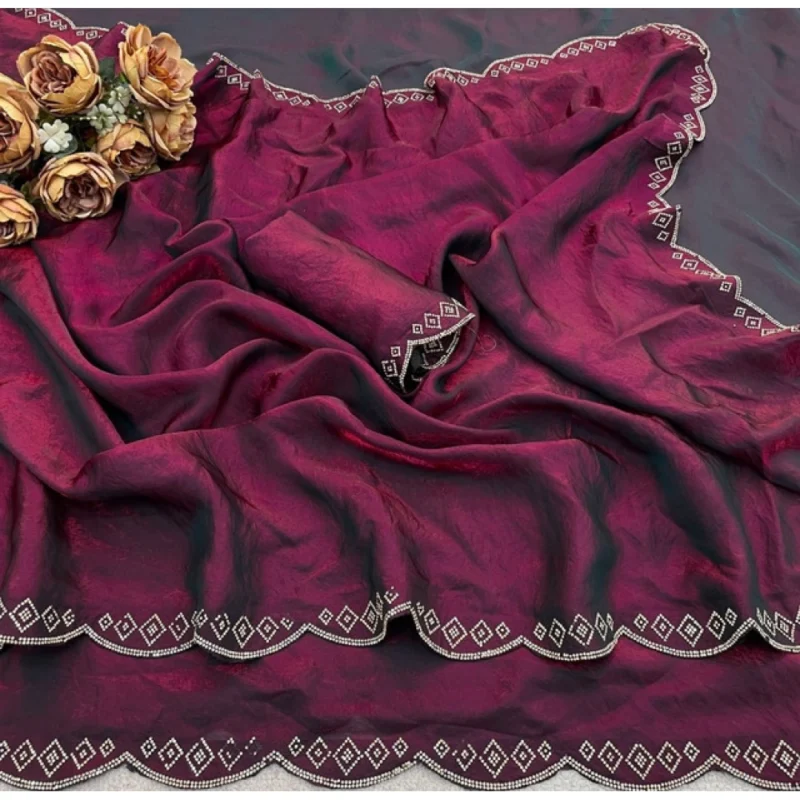 Women's Satin Embellished Saree With Unstitched Blouse 5.5Mtr (Burgundy) - Image 3