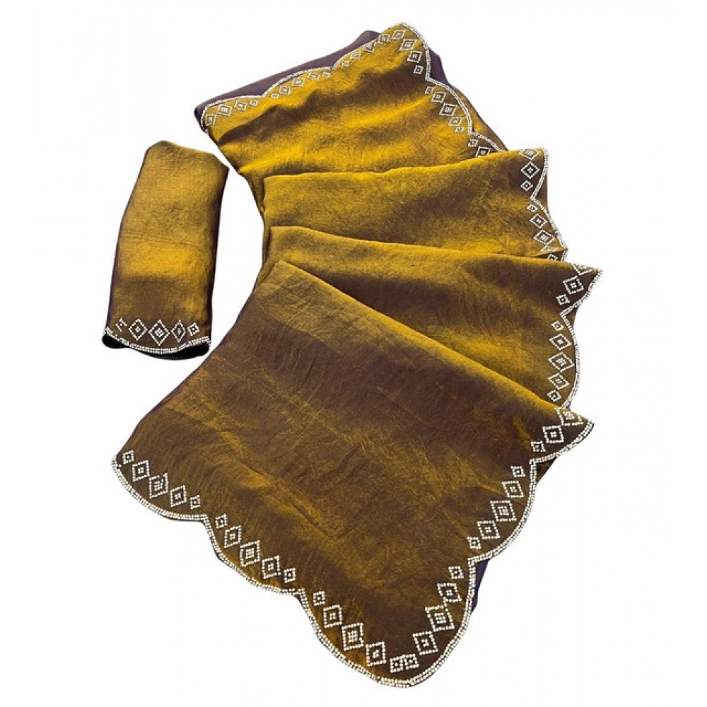 Women's Satin Embellished Saree With Unstitched Blouse 5.5Mtr (Mustard) - Image 2