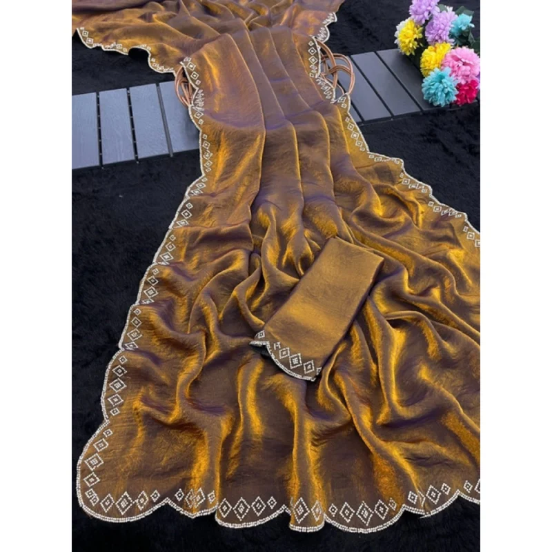 Women's Satin Embellished Saree With Unstitched Blouse 5.5Mtr (Mustard) - Image 3