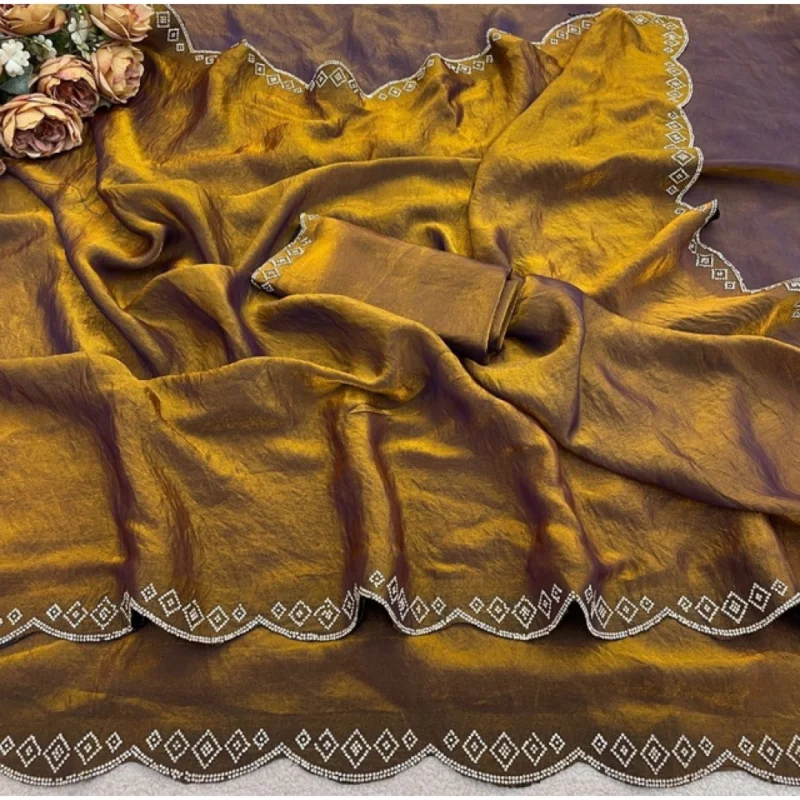 Women's Satin Embellished Saree With Unstitched Blouse 5.5Mtr (Mustard) - Image 4