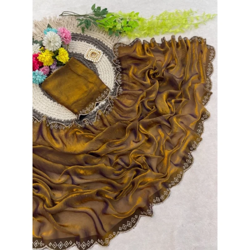 Women's Satin Embellished Saree With Unstitched Blouse 5.5Mtr (Mustard) - Image 5