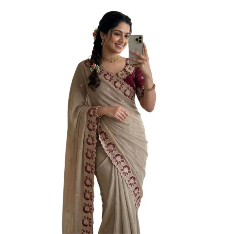 Women's Star Georgette Embroidered Saree With Unstitched Blouse 5.5Mtr (Beige) - Image 2