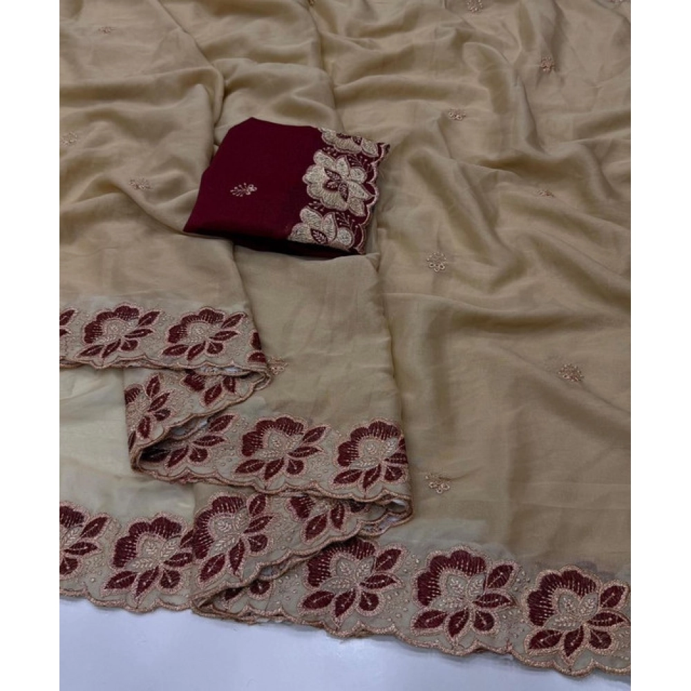 Women's Star Georgette Embroidered Saree With Unstitched Blouse 5.5Mtr (Beige) - Image 3