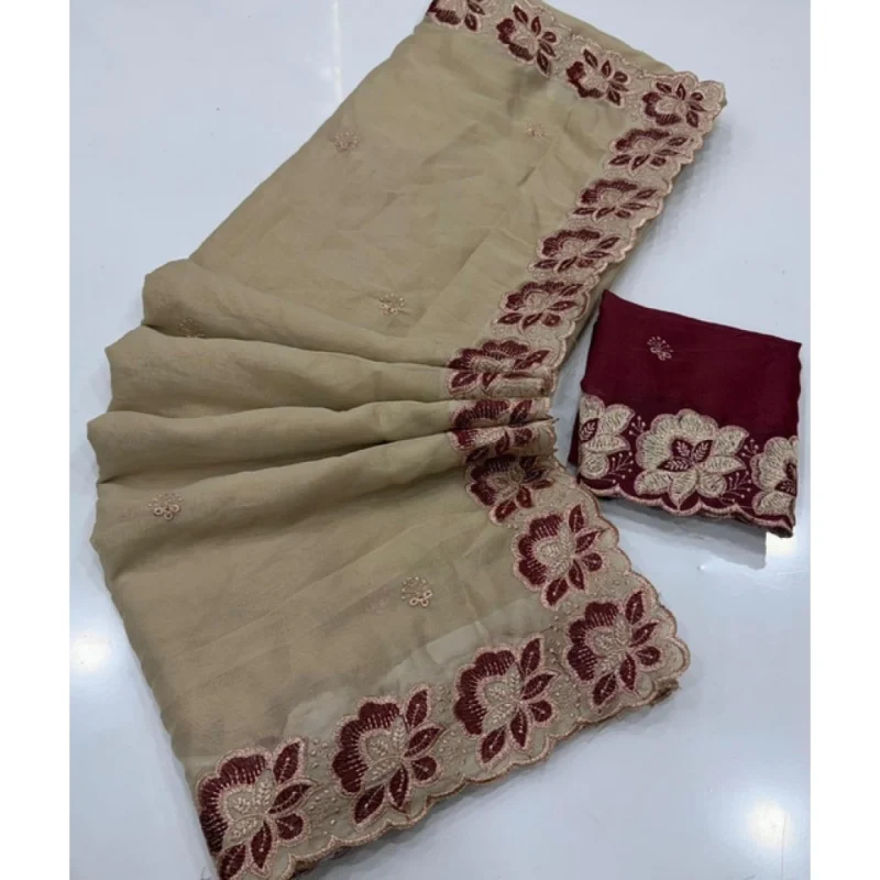 Women's Star Georgette Embroidered Saree With Unstitched Blouse 5.5Mtr (Beige) - Image 4