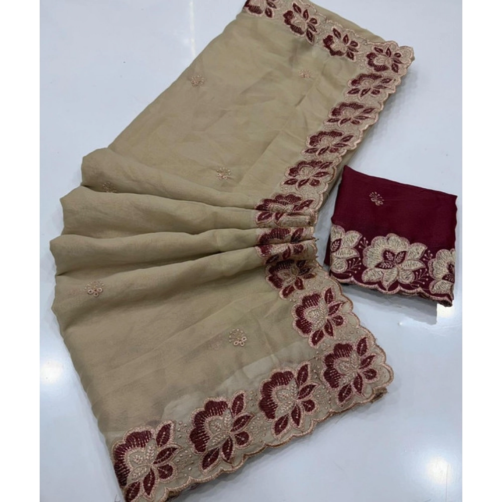 Women's Star Georgette Embroidered Saree With Unstitched Blouse 5.5Mtr (Beige) - Image 4