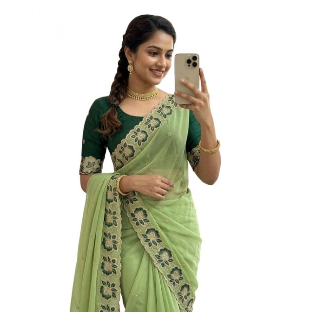 Women's Star Georgette Embroidered Saree With Unstitched Blouse 5.5Mtr (Green) - Image 2
