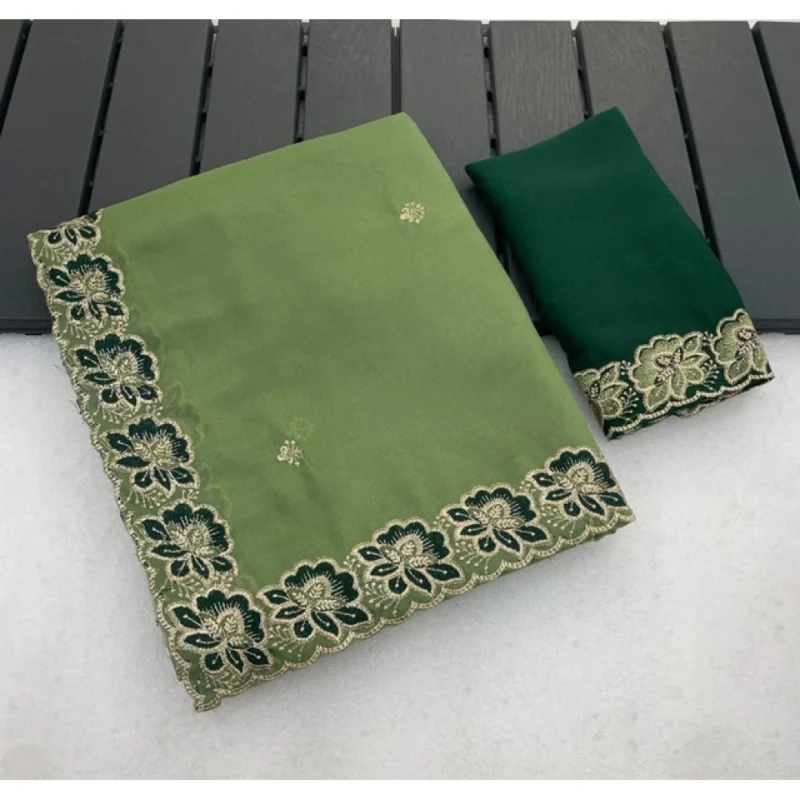 Women's Star Georgette Embroidered Saree With Unstitched Blouse 5.5Mtr (Green) - Image 3