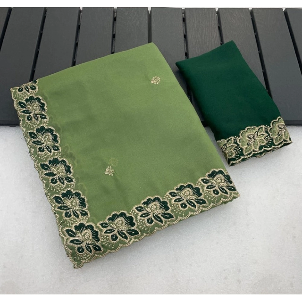 Women's Star Georgette Embroidered Saree With Unstitched Blouse 5.5Mtr (Green) - Image 3