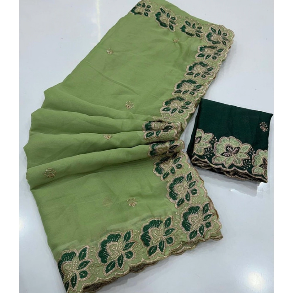 Women's Star Georgette Embroidered Saree With Unstitched Blouse 5.5Mtr (Green) - Image 4