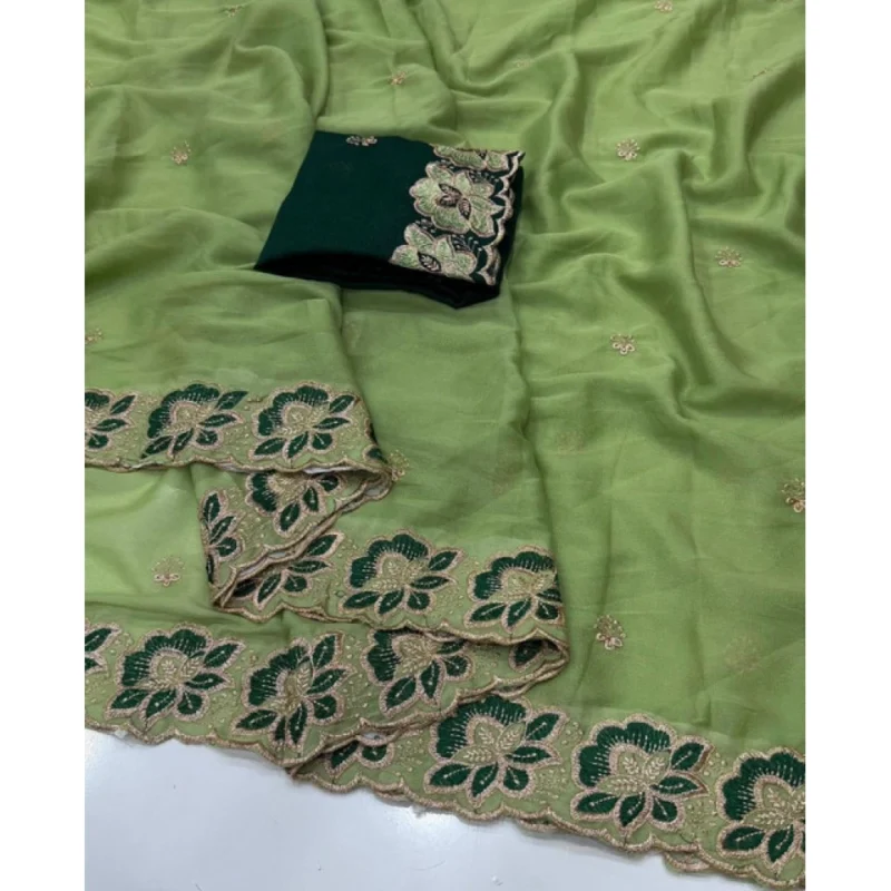Women's Star Georgette Embroidered Saree With Unstitched Blouse 5.5Mtr (Green) - Image 5