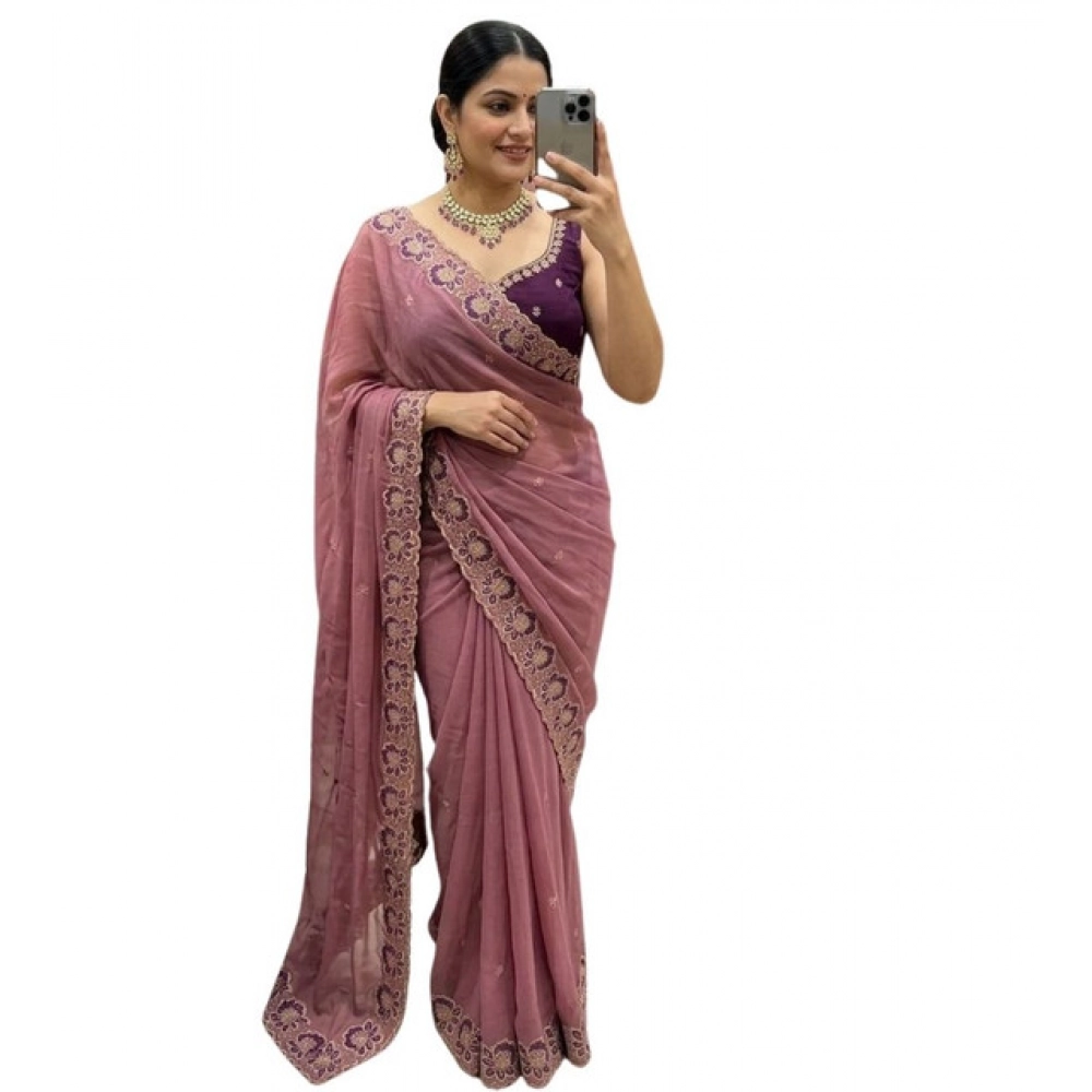 Women's Star Georgette Embroidered Saree With Unstitched Blouse 5.5Mtr (Pink) - Image 2
