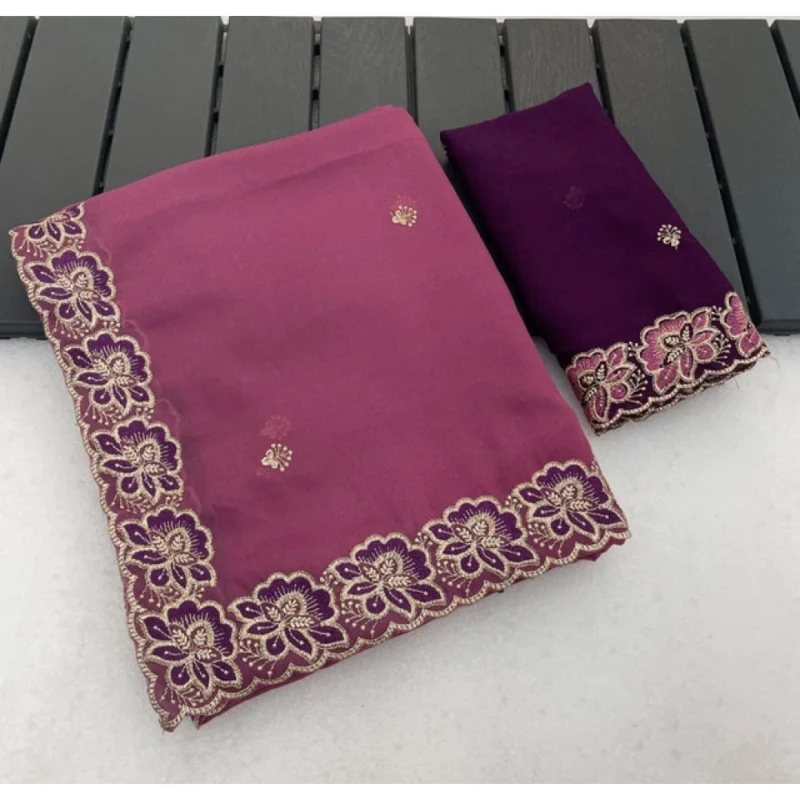 Women's Star Georgette Embroidered Saree With Unstitched Blouse 5.5Mtr (Pink) - Image 3