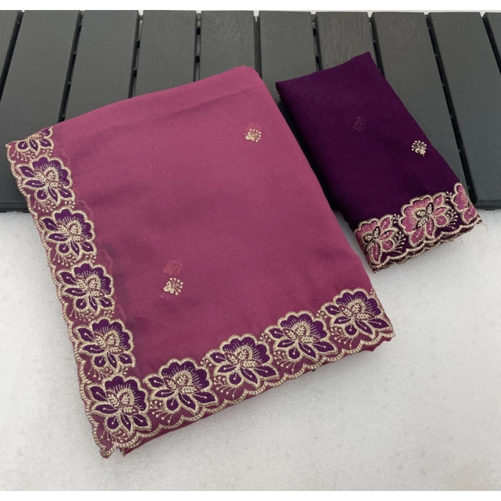 Women's Star Georgette Embroidered Saree With Unstitched Blouse 5.5Mtr (Pink) - Image 3