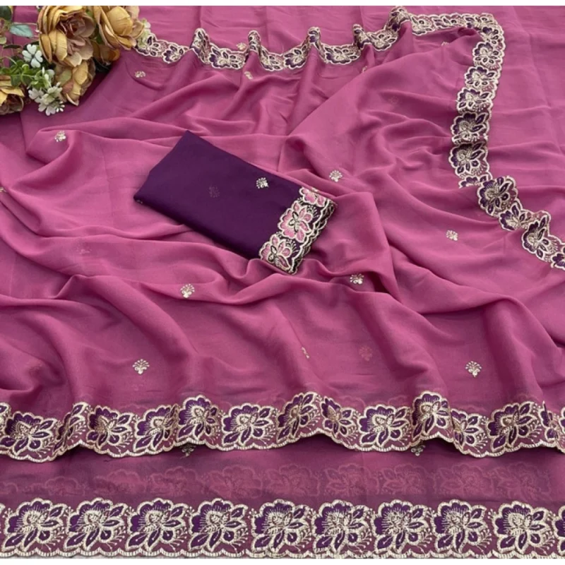 Women's Star Georgette Embroidered Saree With Unstitched Blouse 5.5Mtr (Pink) - Image 4