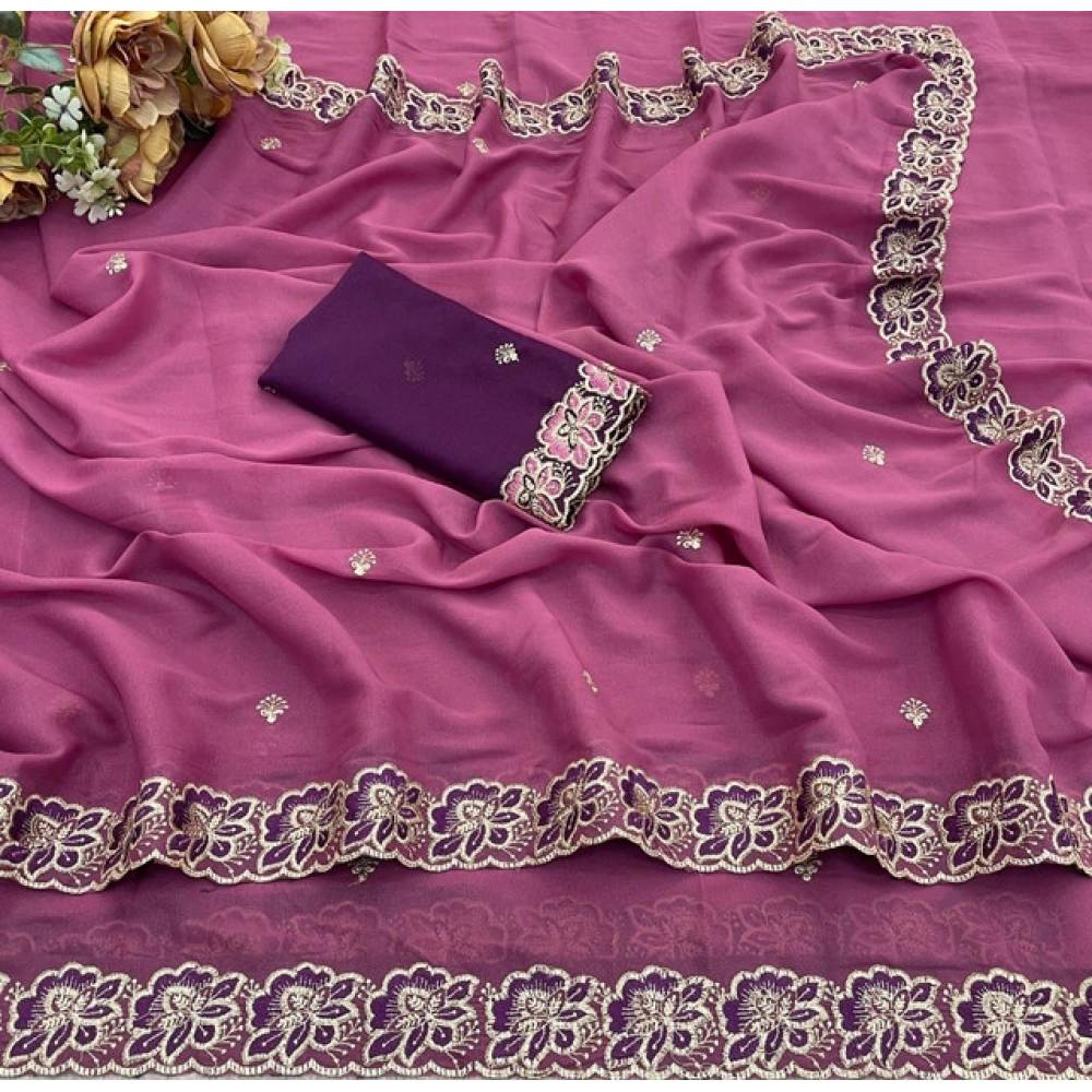 Women's Star Georgette Embroidered Saree With Unstitched Blouse 5.5Mtr (Pink) - Image 4