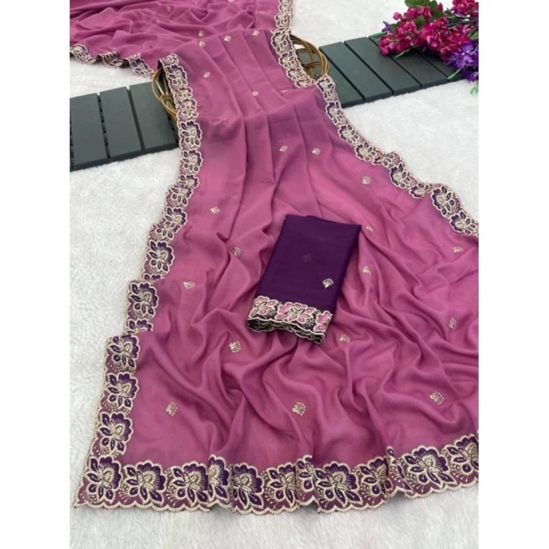 Women's Star Georgette Embroidered Saree With Unstitched Blouse 5.5Mtr (Pink) - Image 5
