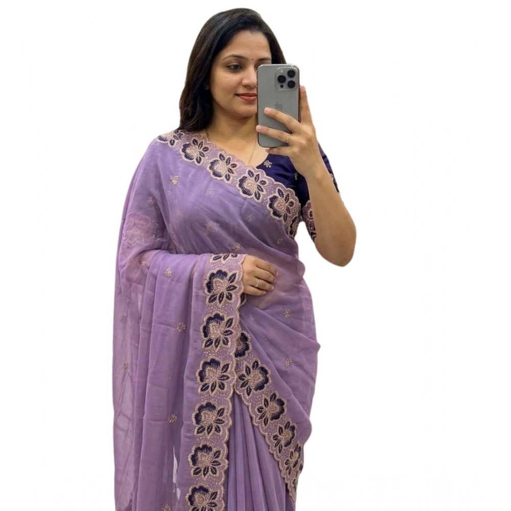 Women's Star Georgette Embroidered Saree With Unstitched Blouse 5.5Mtr (Purple) - Image 2
