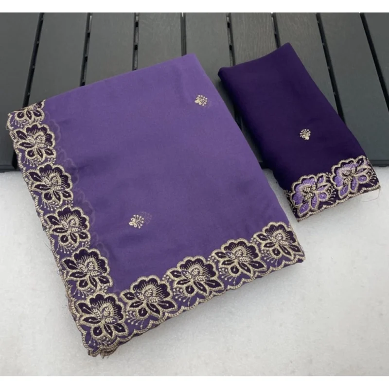 Women's Star Georgette Embroidered Saree With Unstitched Blouse 5.5Mtr (Purple) - Image 3