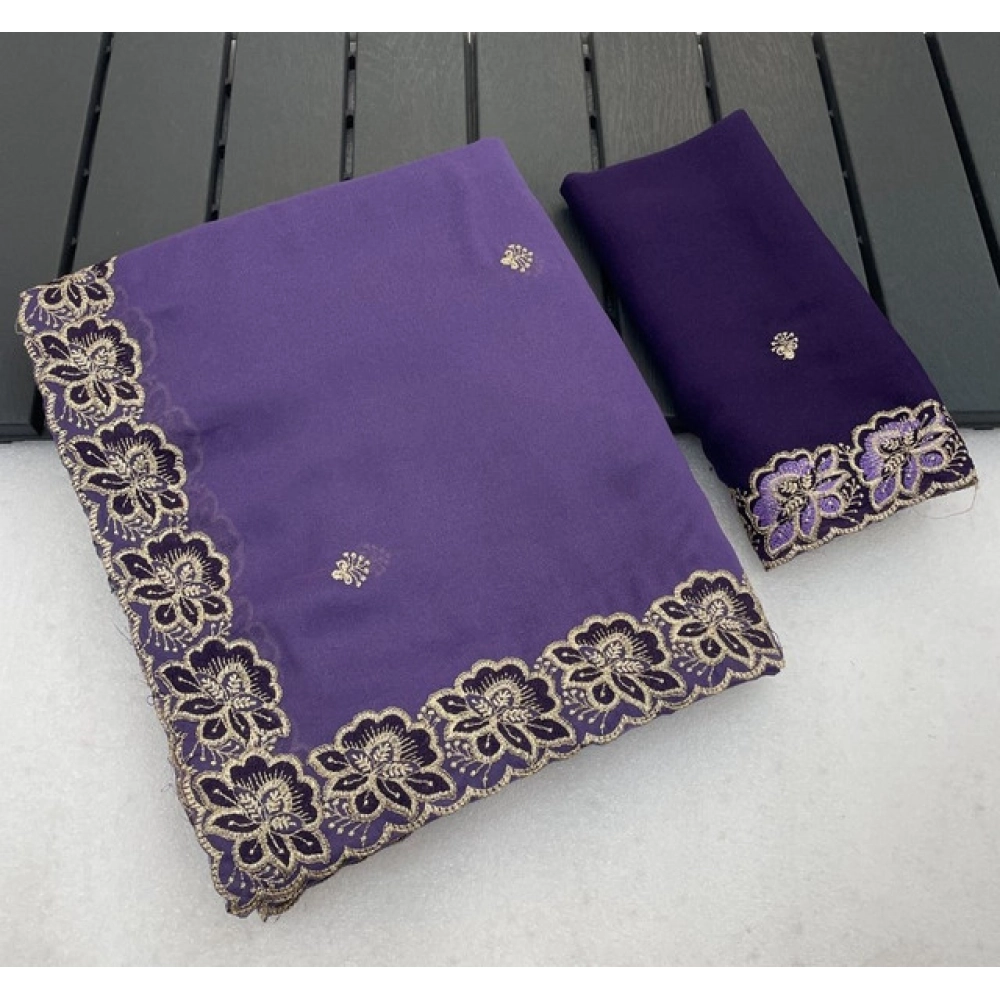 Women's Star Georgette Embroidered Saree With Unstitched Blouse 5.5Mtr (Purple) - Image 3