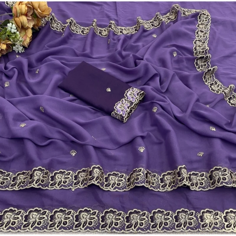 Women's Star Georgette Embroidered Saree With Unstitched Blouse 5.5Mtr (Purple) - Image 4