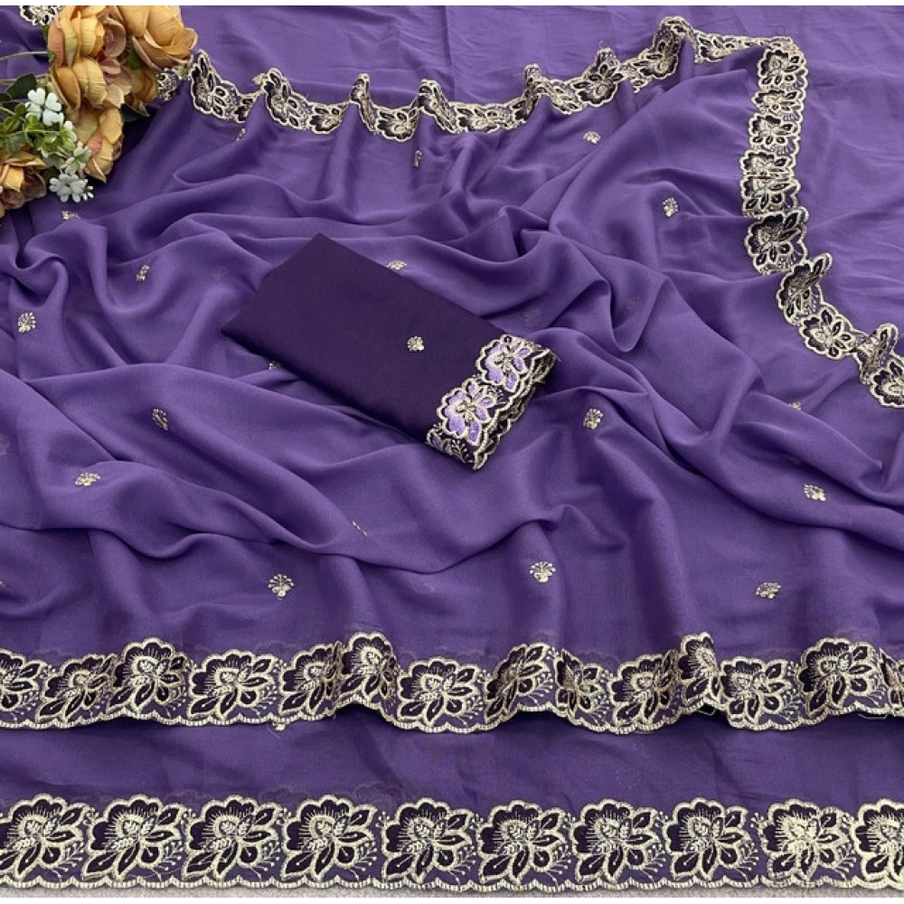 Women's Star Georgette Embroidered Saree With Unstitched Blouse 5.5Mtr (Purple) - Image 4