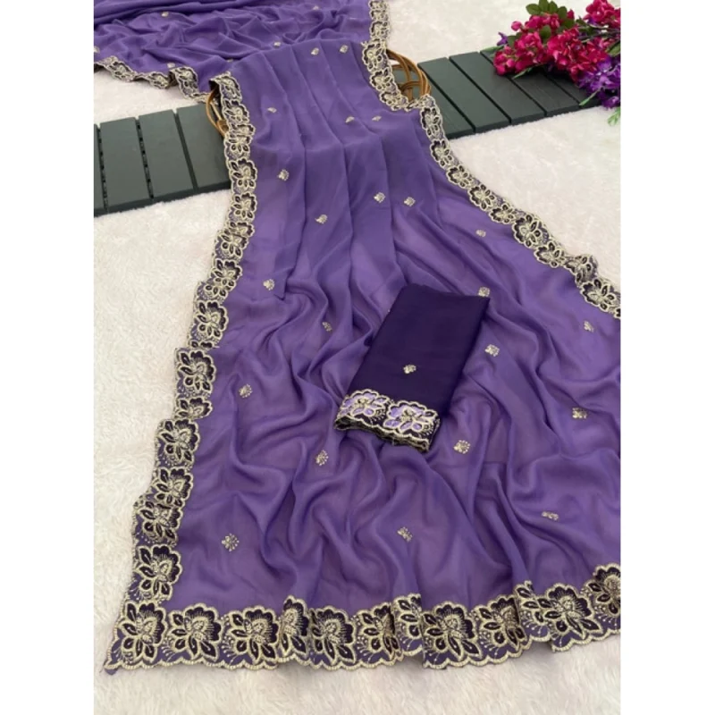 Women's Star Georgette Embroidered Saree With Unstitched Blouse 5.5Mtr (Purple) - Image 5