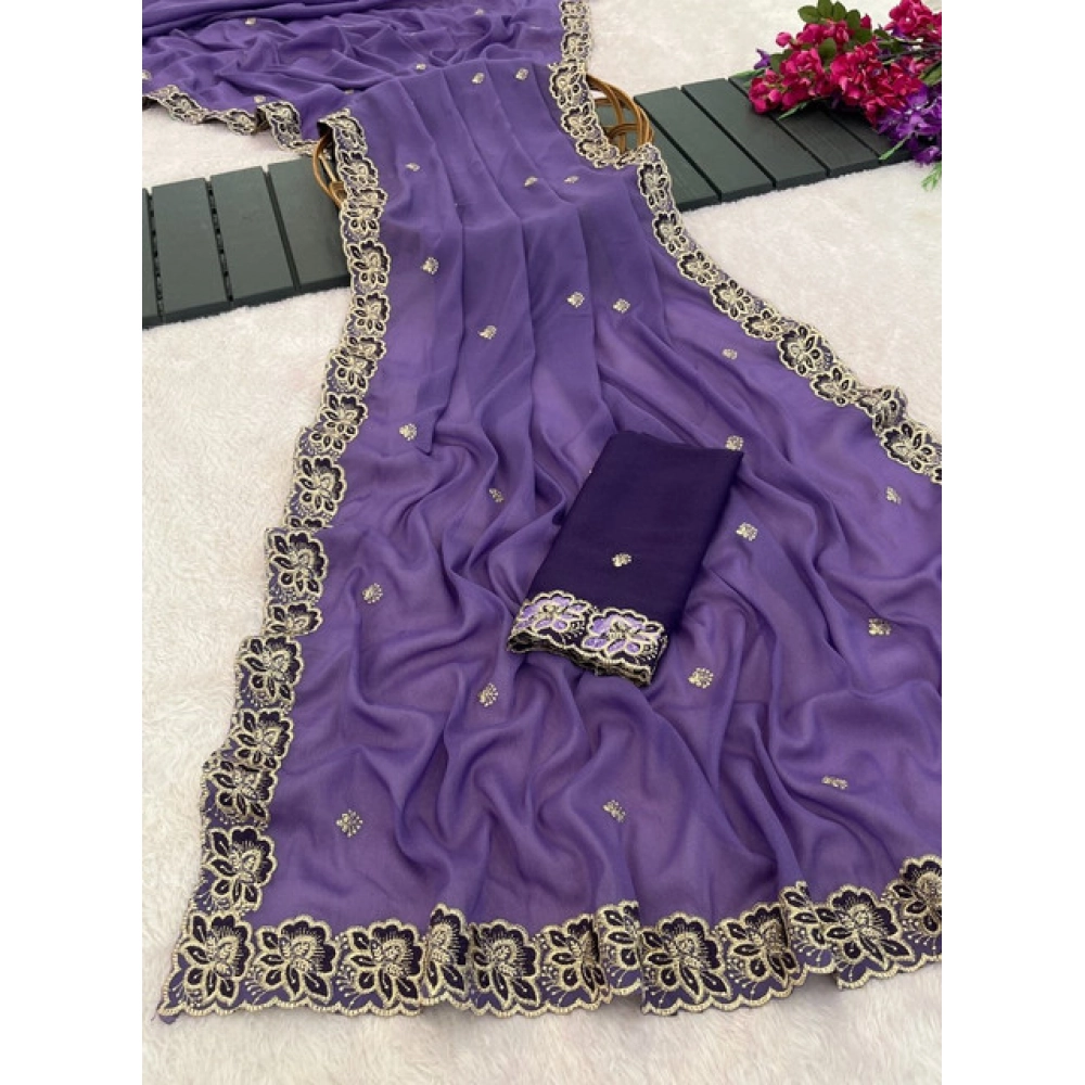 Women's Star Georgette Embroidered Saree With Unstitched Blouse 5.5Mtr (Purple) - Image 5