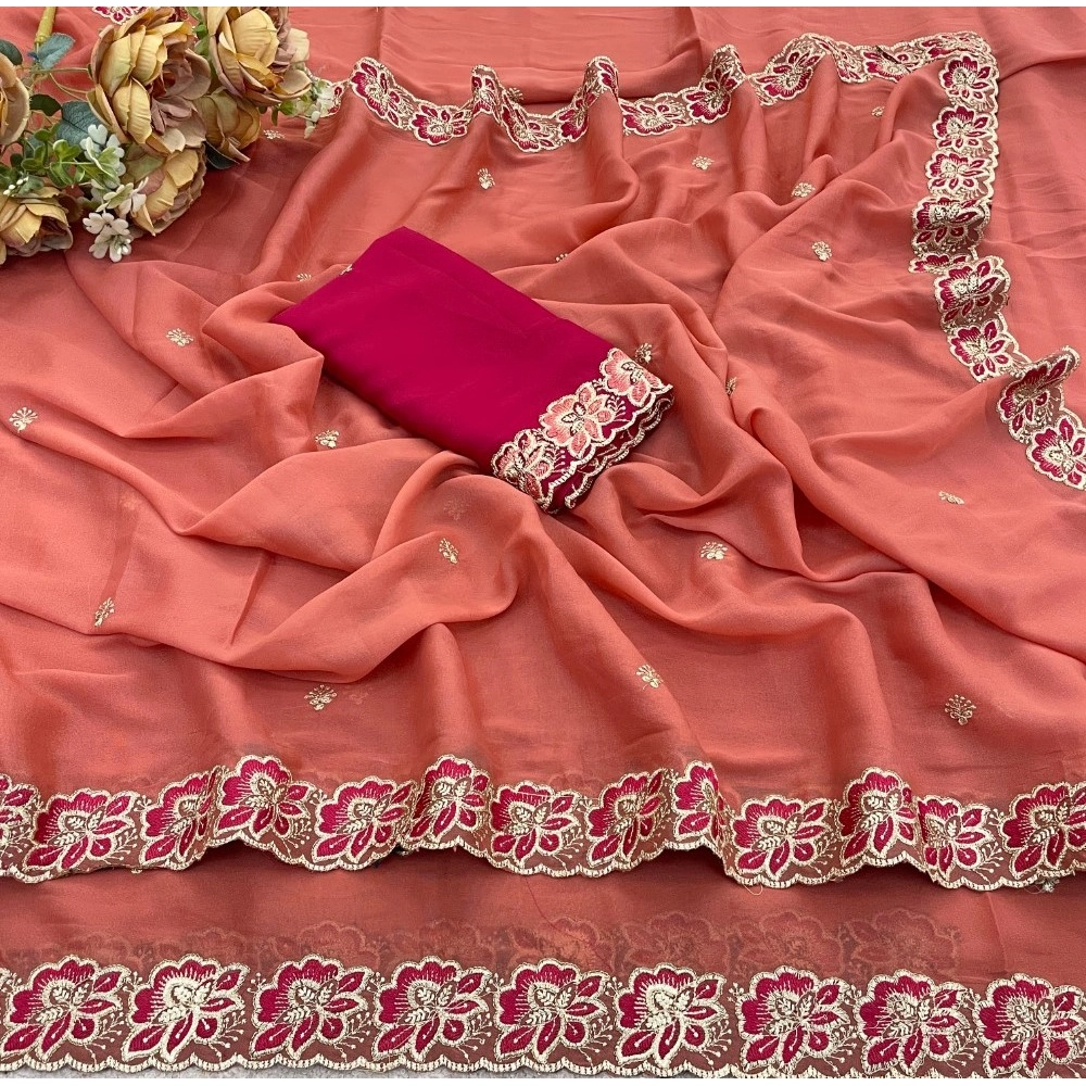 Women's Star Georgette Embroidered Saree With Unstitched Blouse 5.5Mtr (Orange) - Image 2