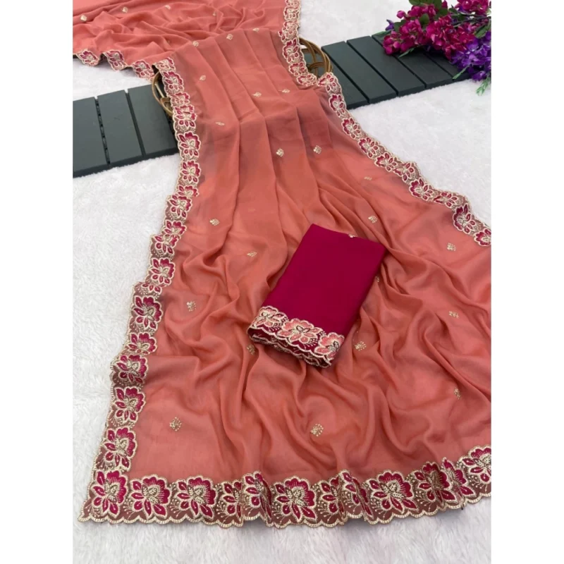 Women's Star Georgette Embroidered Saree With Unstitched Blouse 5.5Mtr (Orange) - Image 3