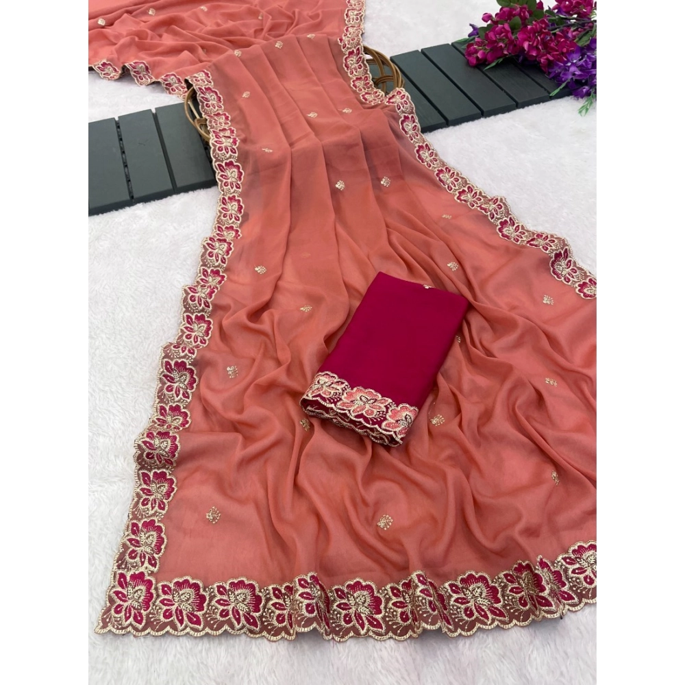 Women's Star Georgette Embroidered Saree With Unstitched Blouse 5.5Mtr (Orange) - Image 3
