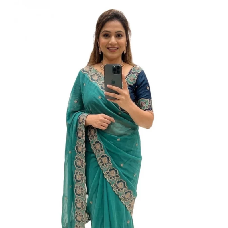 Women's Star Georgette Embroidered Saree With Unstitched Blouse 5.5Mtr (Sea Green) - Image 2