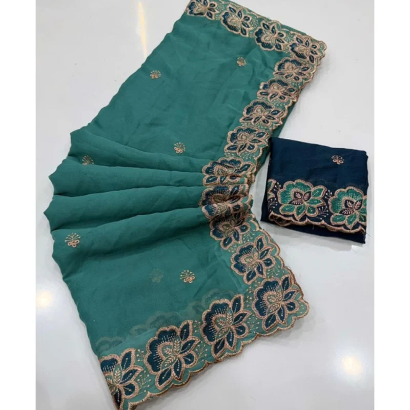 Women's Star Georgette Embroidered Saree With Unstitched Blouse 5.5Mtr (Sea Green) - Image 3