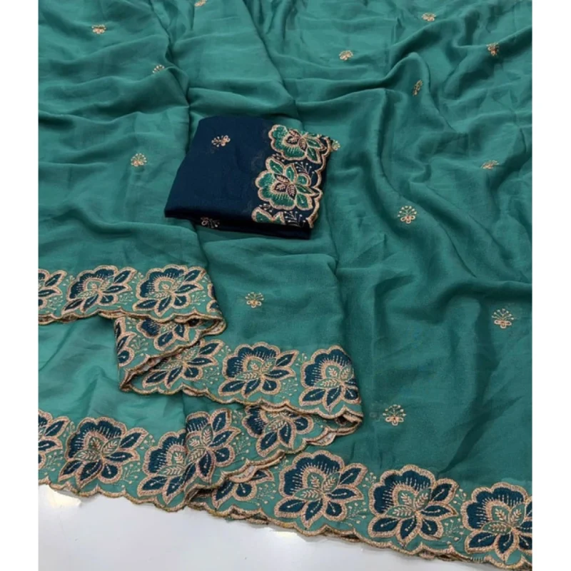 Women's Star Georgette Embroidered Saree With Unstitched Blouse 5.5Mtr (Sea Green) - Image 4