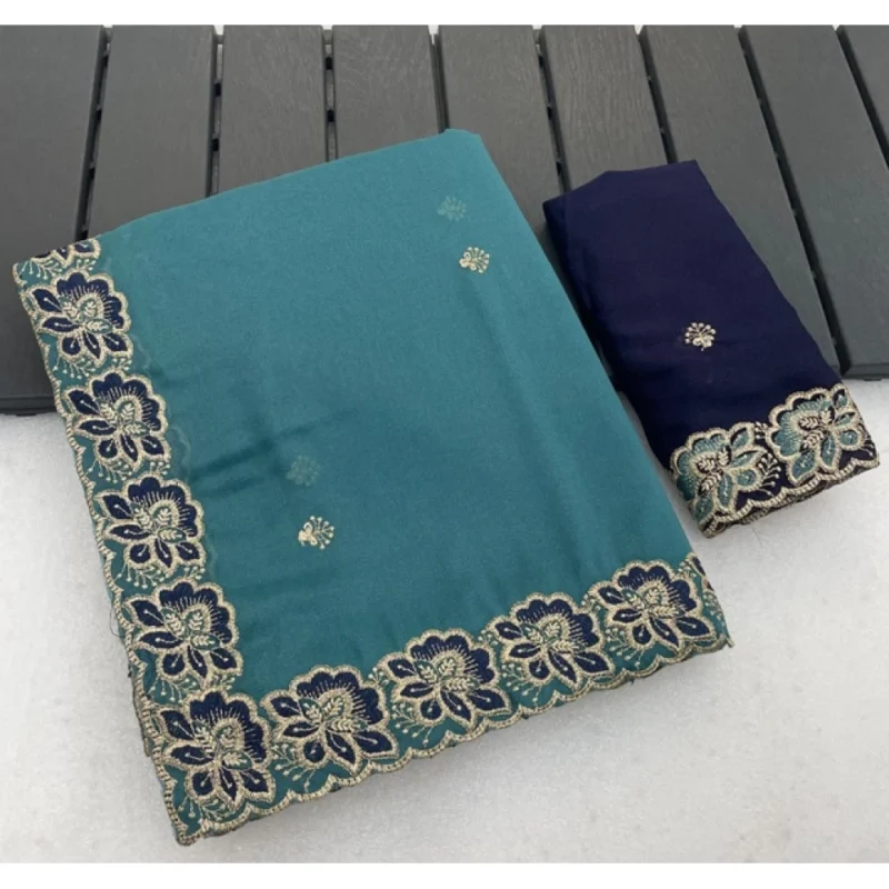 Women's Star Georgette Embroidered Saree With Unstitched Blouse 5.5Mtr (Sea Green) - Image 5