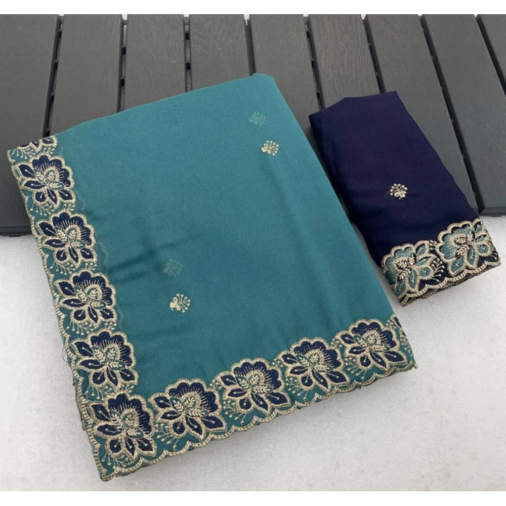 Women's Star Georgette Embroidered Saree With Unstitched Blouse 5.5Mtr (Sea Green) - Image 5