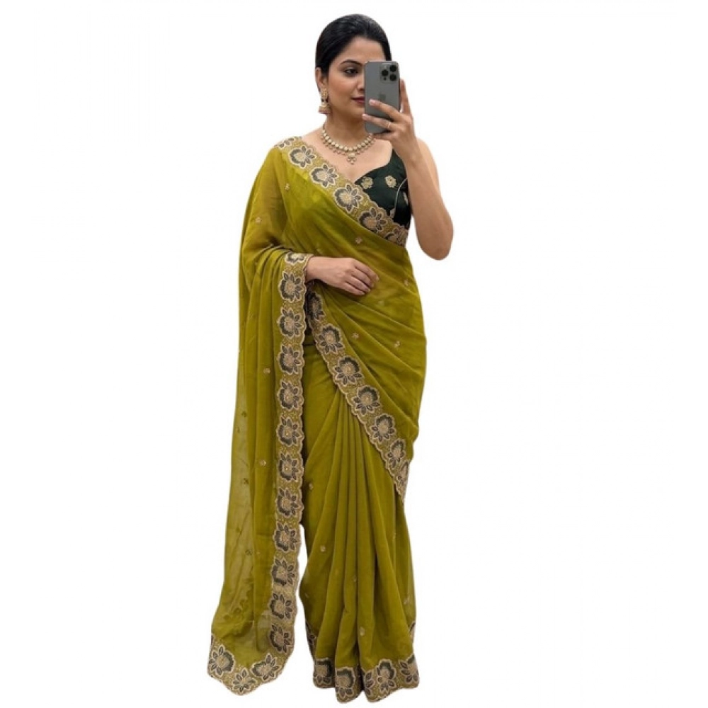 Women's Star Georgette Embroidered Saree With Unstitched Blouse 5.5Mtr (Olive Green) - Image 2