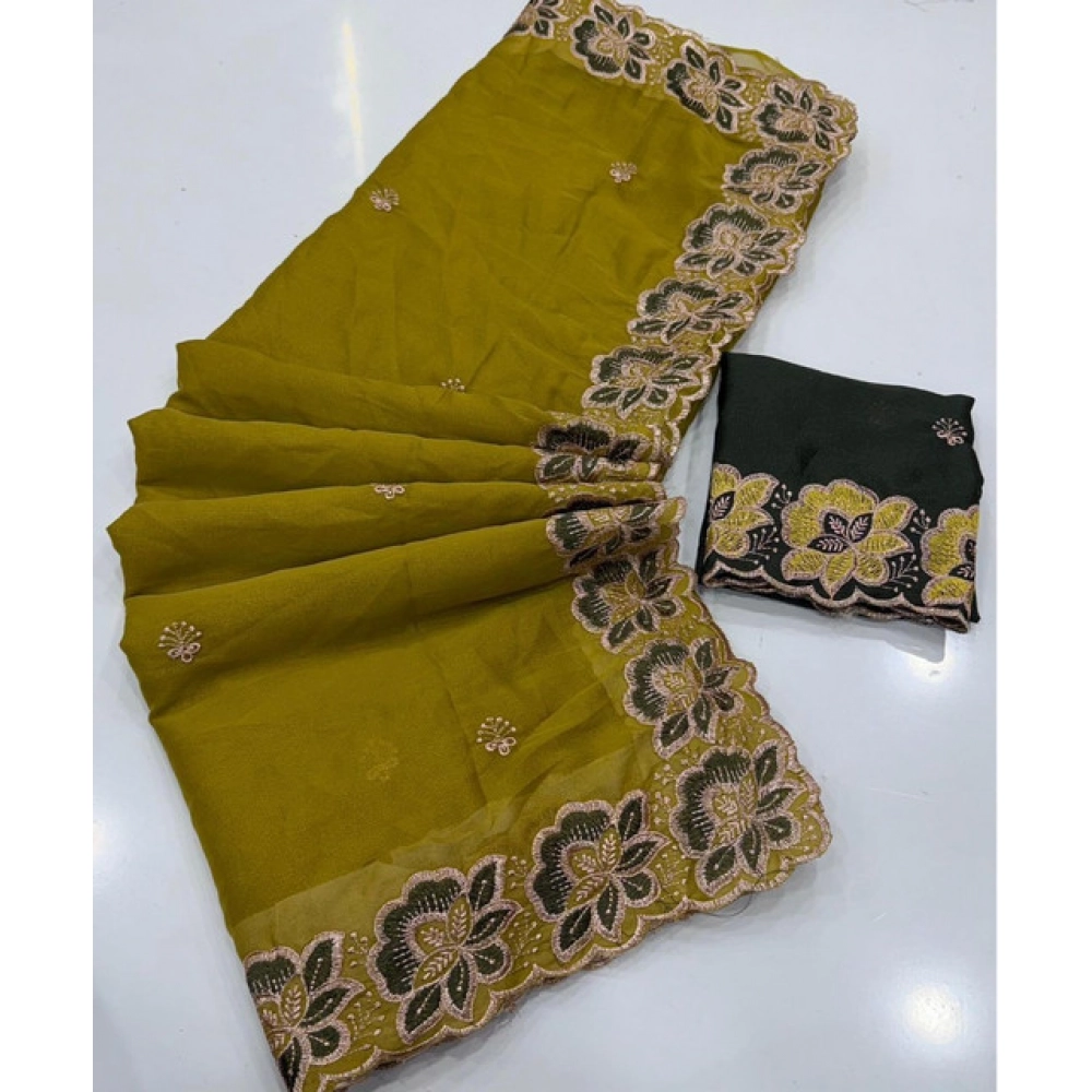 Women's Star Georgette Embroidered Saree With Unstitched Blouse 5.5Mtr (Olive Green) - Image 3