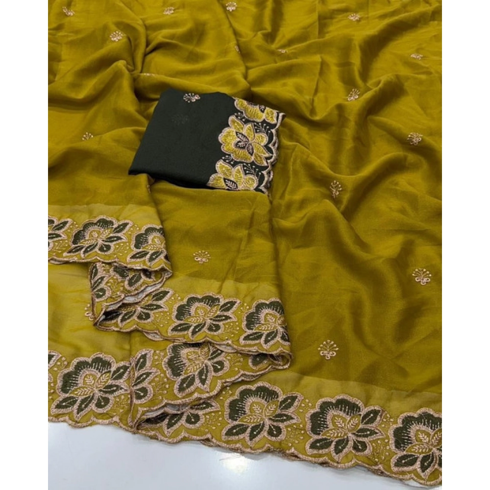 Women's Star Georgette Embroidered Saree With Unstitched Blouse 5.5Mtr (Olive Green) - Image 4