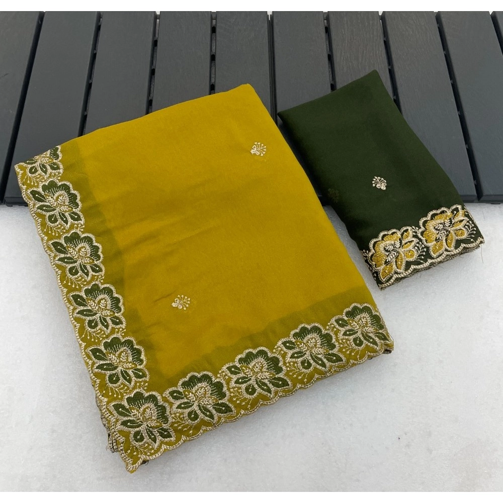 Women's Star Georgette Embroidered Saree With Unstitched Blouse 5.5Mtr (Olive Green) - Image 5
