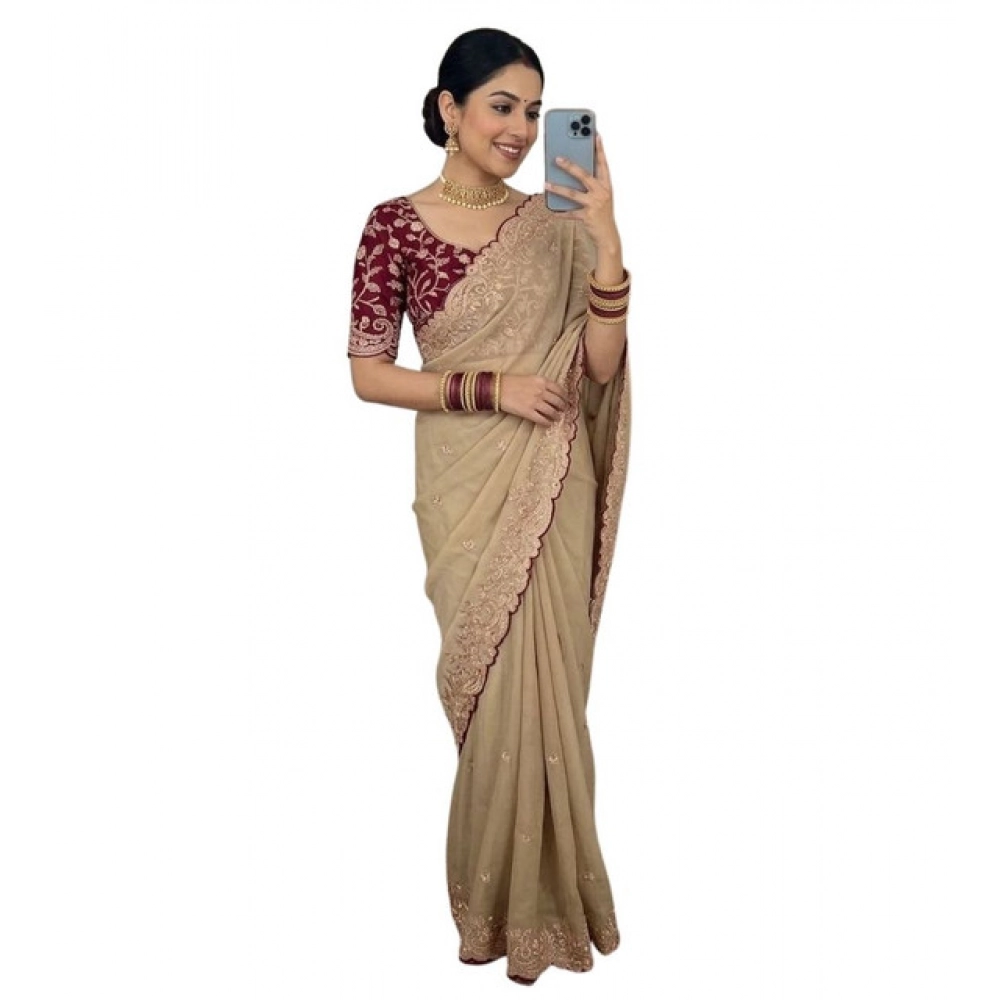 Women's Star Georgette Embroidered Saree With Unstitched Blouse 5.5Mtr (Beige) - Image 2