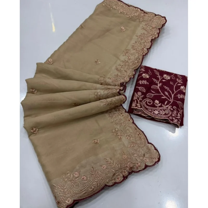 Women's Star Georgette Embroidered Saree With Unstitched Blouse 5.5Mtr (Beige) - Image 3