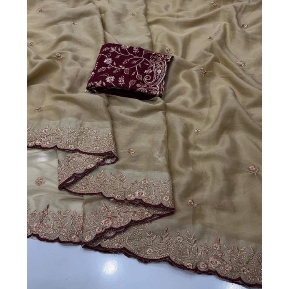 Women's Star Georgette Embroidered Saree With Unstitched Blouse 5.5Mtr (Beige) - Image 4