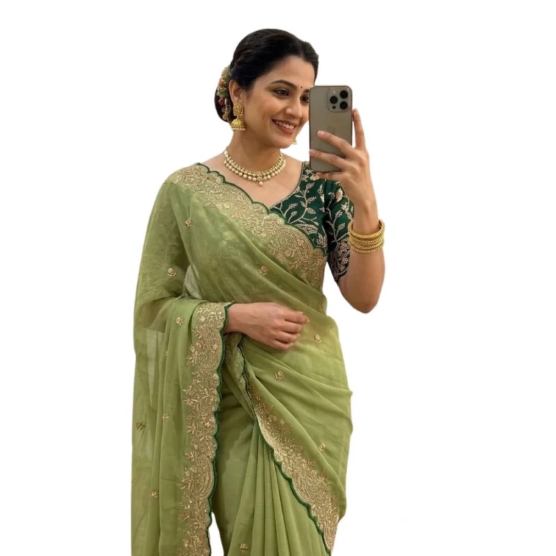 Women's Star Georgette Embroidered Saree With Unstitched Blouse 5.5Mtr (Green) - Image 2