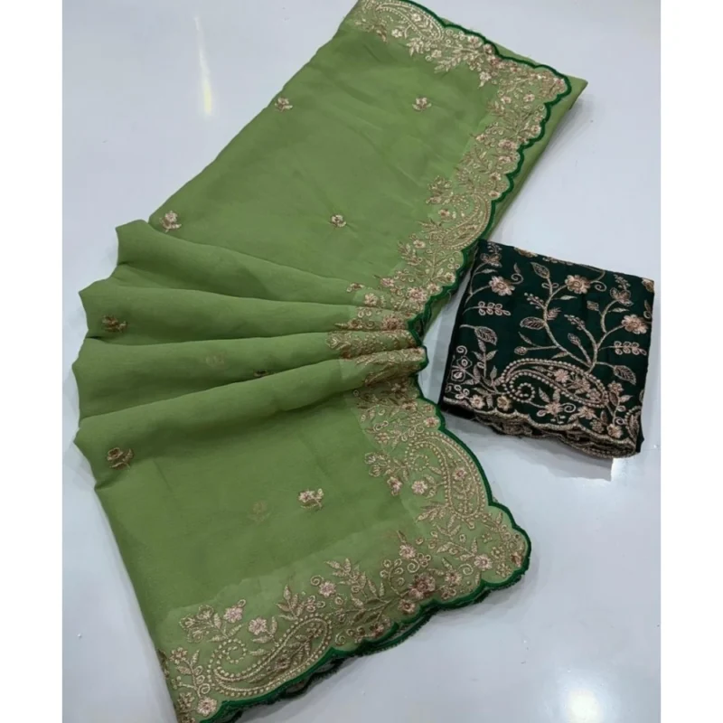 Women's Star Georgette Embroidered Saree With Unstitched Blouse 5.5Mtr (Green) - Image 3