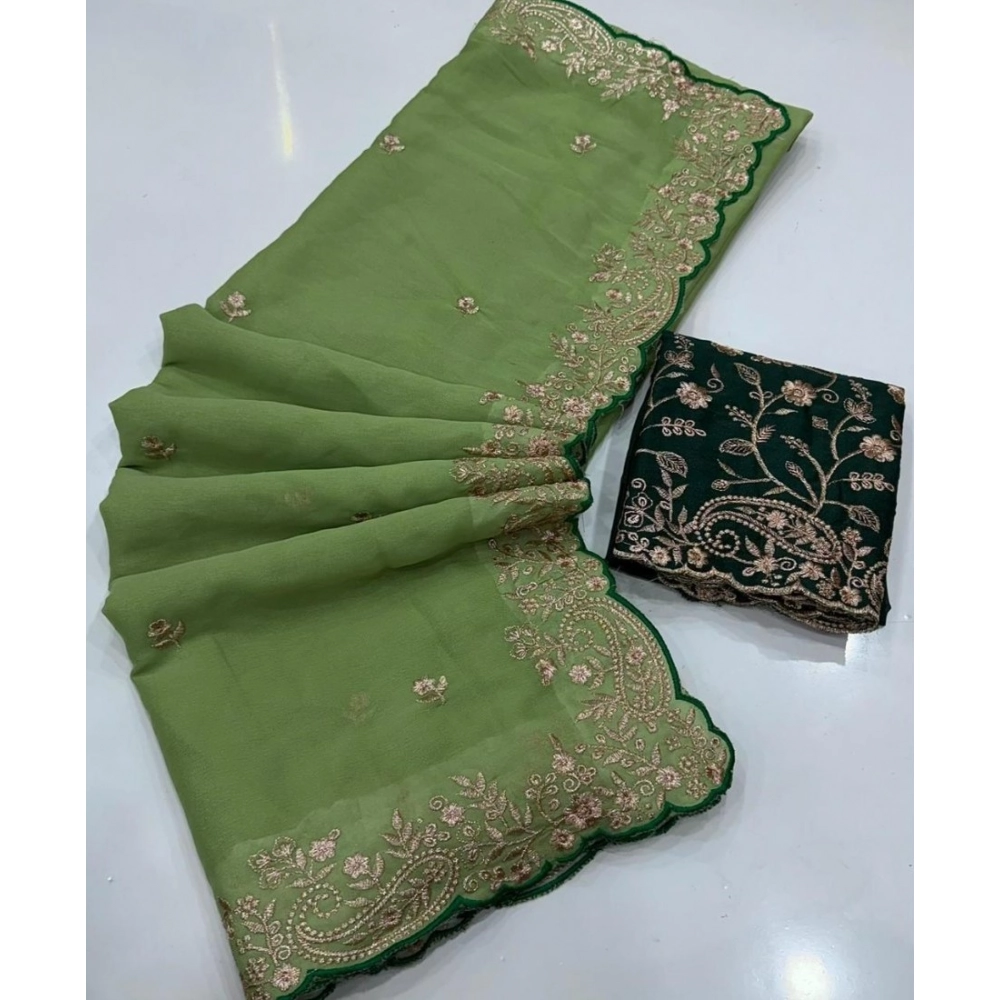 Women's Star Georgette Embroidered Saree With Unstitched Blouse 5.5Mtr (Green) - Image 3