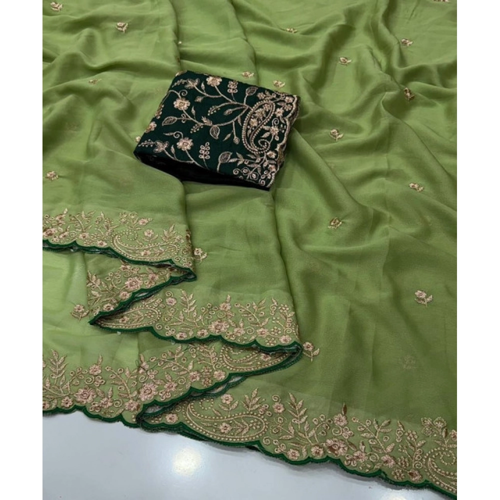 Women's Star Georgette Embroidered Saree With Unstitched Blouse 5.5Mtr (Green) - Image 4